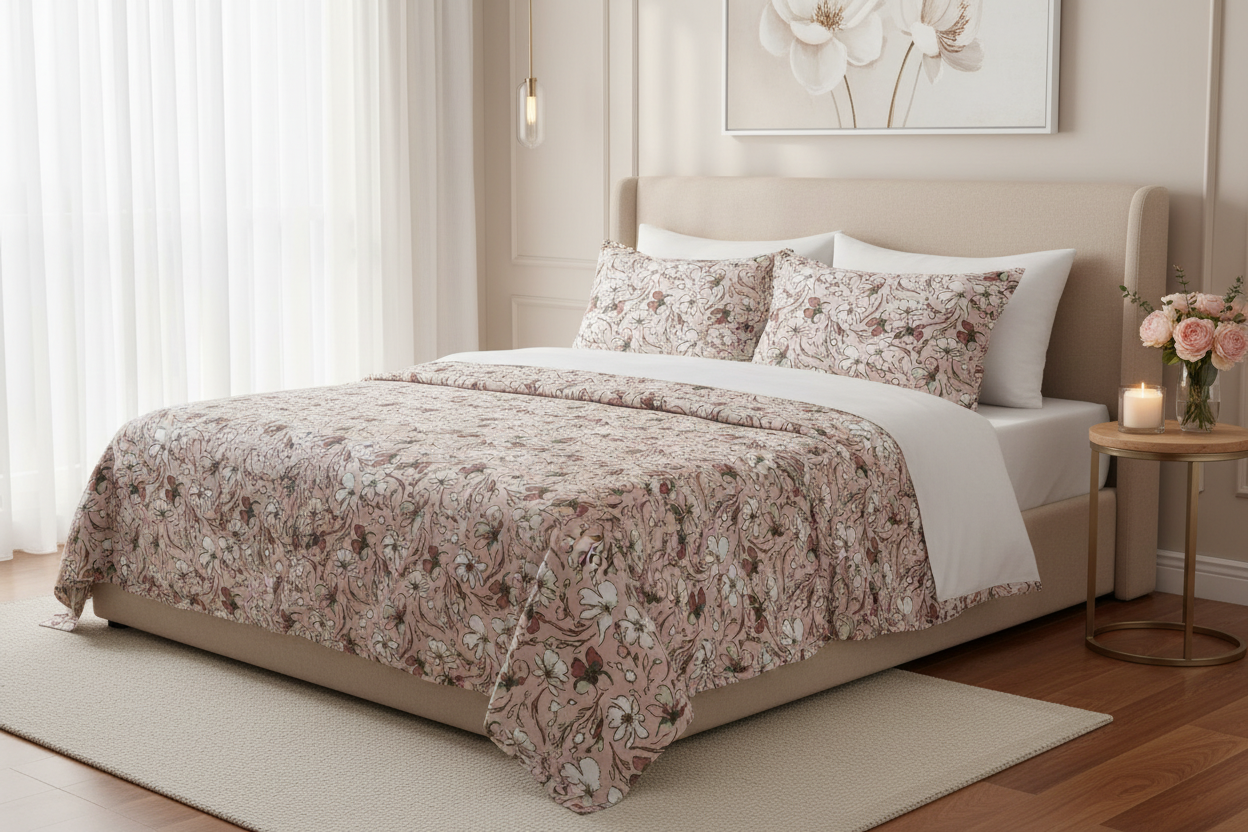 Floral cotton King Size bedsheet set in beige with dusty rose print style
