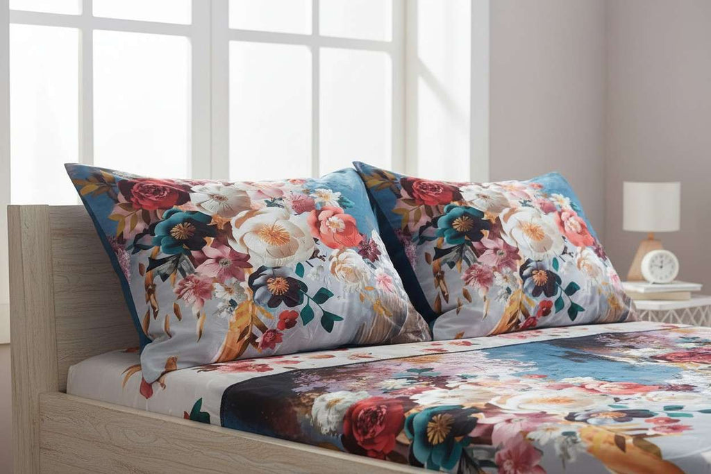 King Size 7D Digital Print Floral Bedsheet Set with 2 Pillow Covers - Premium 108x108 inch