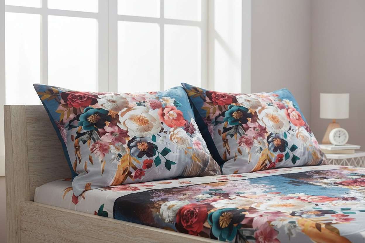 King Size 7D Digital Print Floral Bedsheet Set with 2 Pillow Covers - Premium 108x108 inch