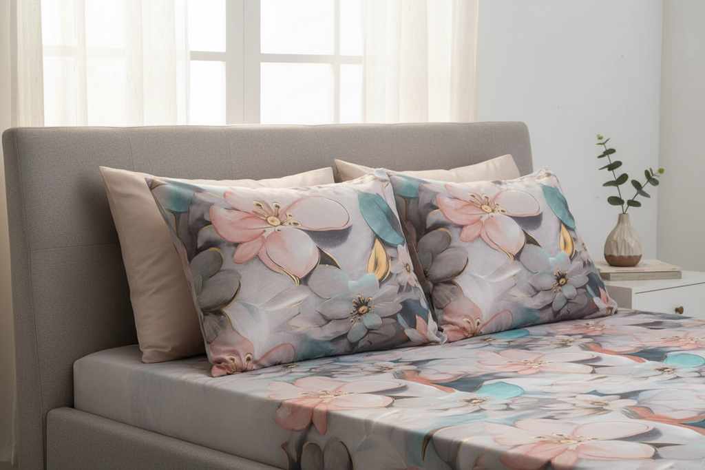 Fitted Elastic Bedsheet Set with 2 Pillow Covers - Premium Pastel Floral Queen Size