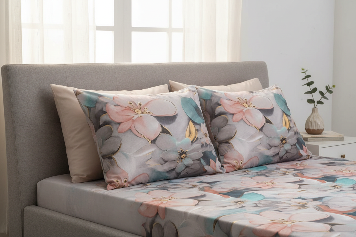Fitted Elastic Bedsheet Set with 2 Pillow Covers - Premium Pastel Floral Queen Size