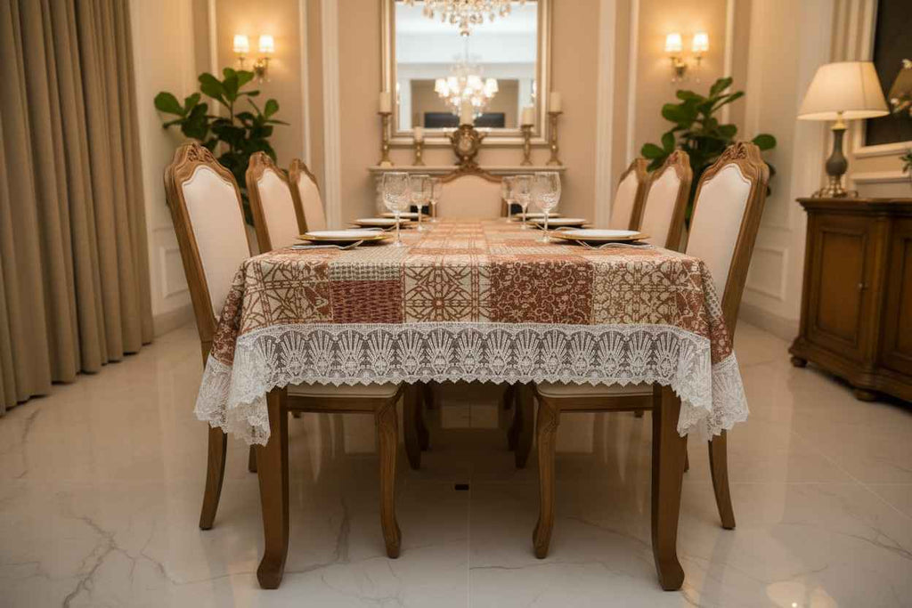 Patchwork Lace Border Table Cover | Brown & Cream