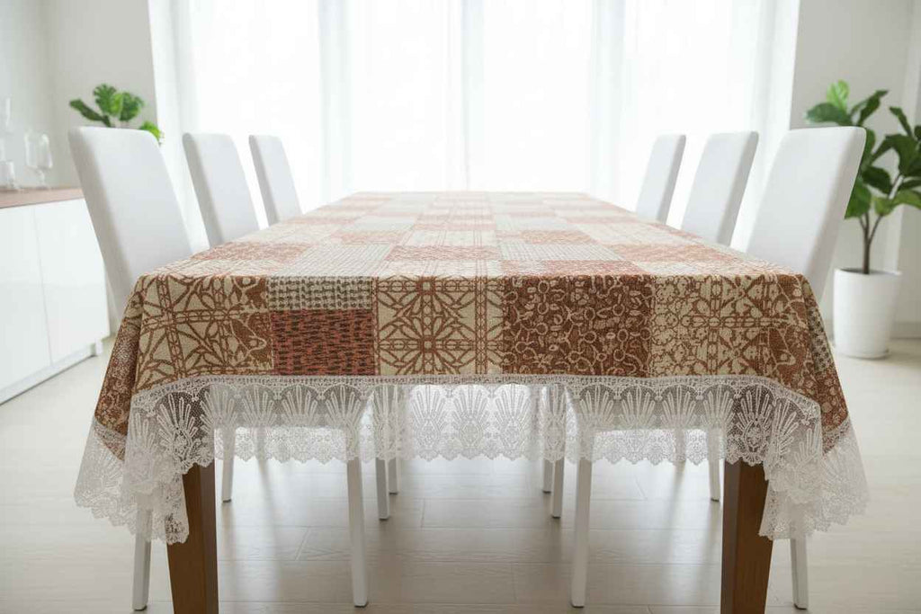 Patchwork Lace Border Table Cover | Brown & Cream