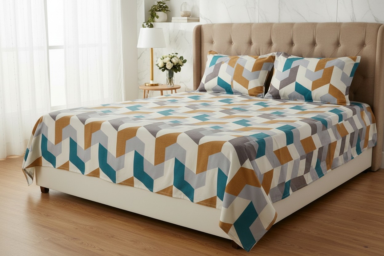 Geometric Chevron King Size Bedsheet – Teal, Gold & Grey