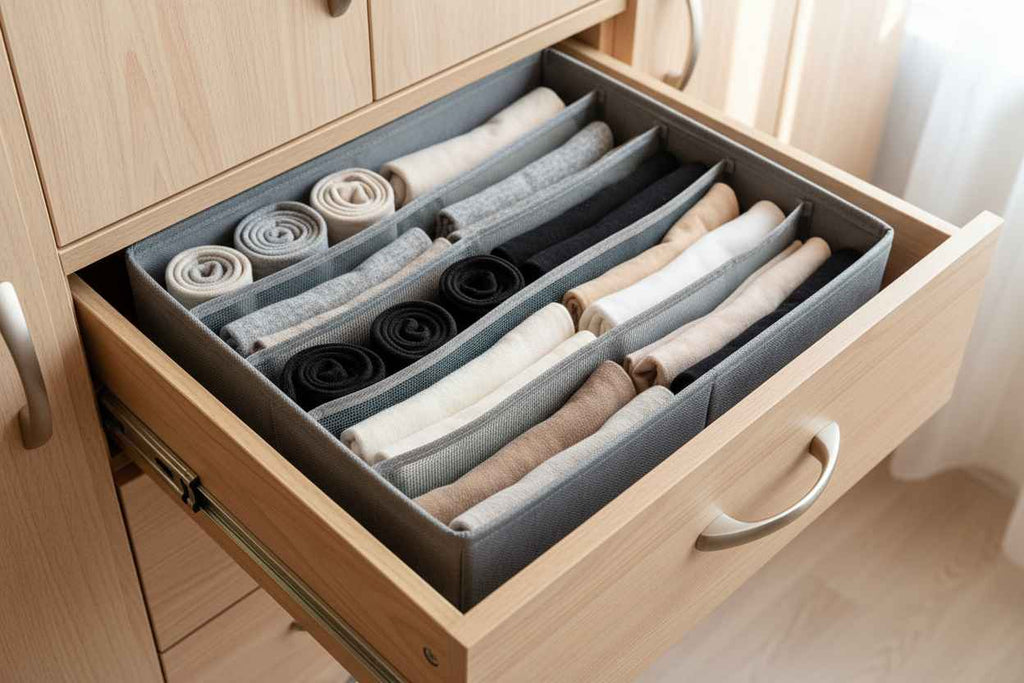Charcoal Grey Fabric Drawer Organizer | Slot Dividers | Foldable | Wardrobe & Closet