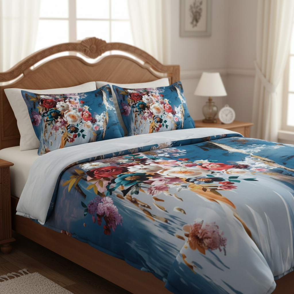 King Size 7D Digital Print Floral Bedsheet Set with 2 Pillow Covers - Premium 108x108 inch