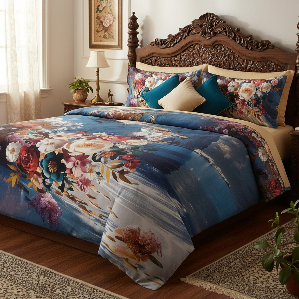 King Size 7D Digital Print Floral Bedsheet Set with 2 Pillow Covers - Premium 108x108 inch