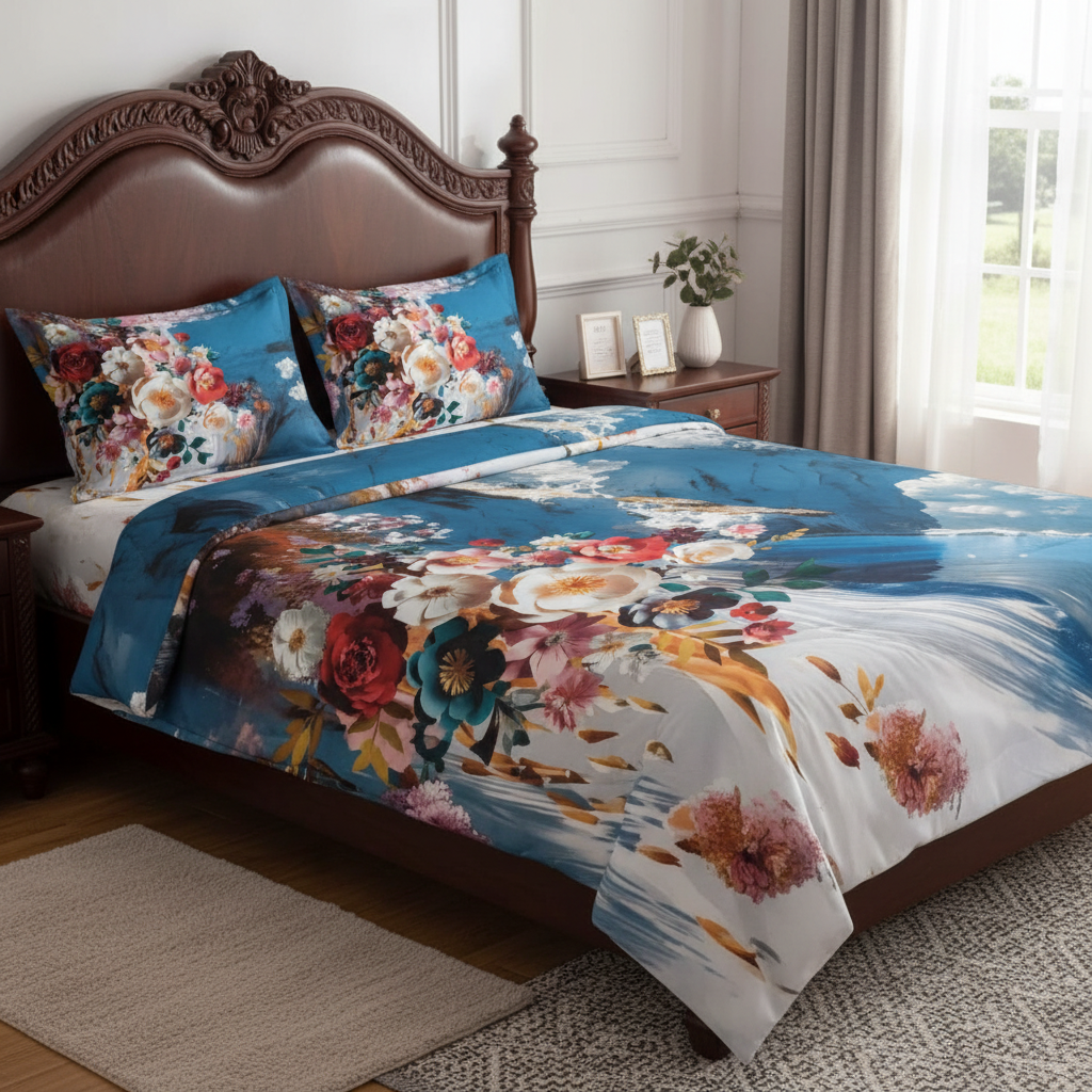 King Size 7D Digital Print Floral Bedsheet Set with 2 Pillow Covers - Premium 108x108 inch