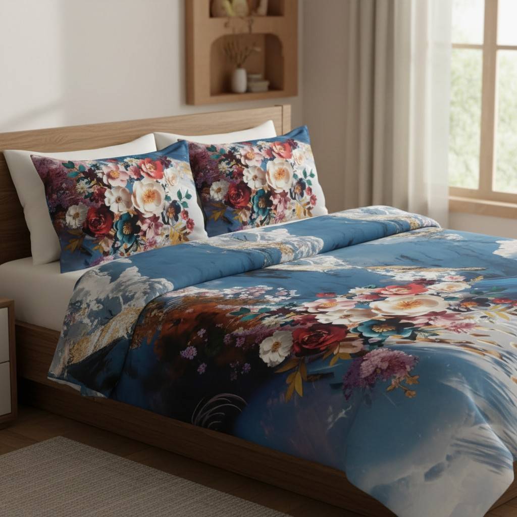 King Size 7D Digital Print Floral Bedsheet Set with 2 Pillow Covers - Premium 108x108 inch