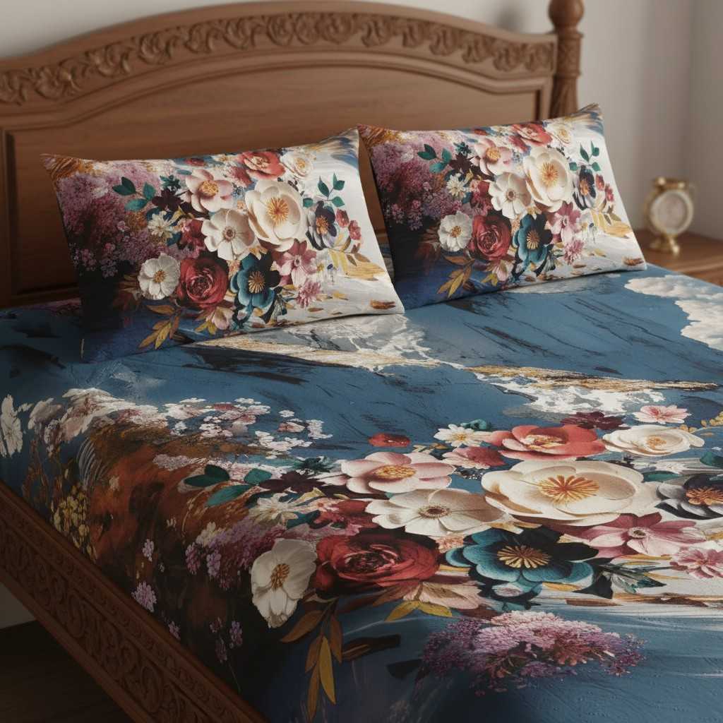 King Size 7D Digital Print Floral Bedsheet Set with 2 Pillow Covers - Premium 108x108 inch