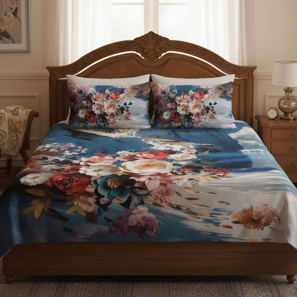 King Size 7D Digital Print Floral Bedsheet Set with 2 Pillow Covers - Premium 108x108 inch