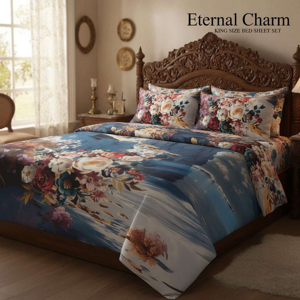 King Size 7D Digital Print Floral Bedsheet Set with 2 Pillow Covers - Premium 108x108 inch