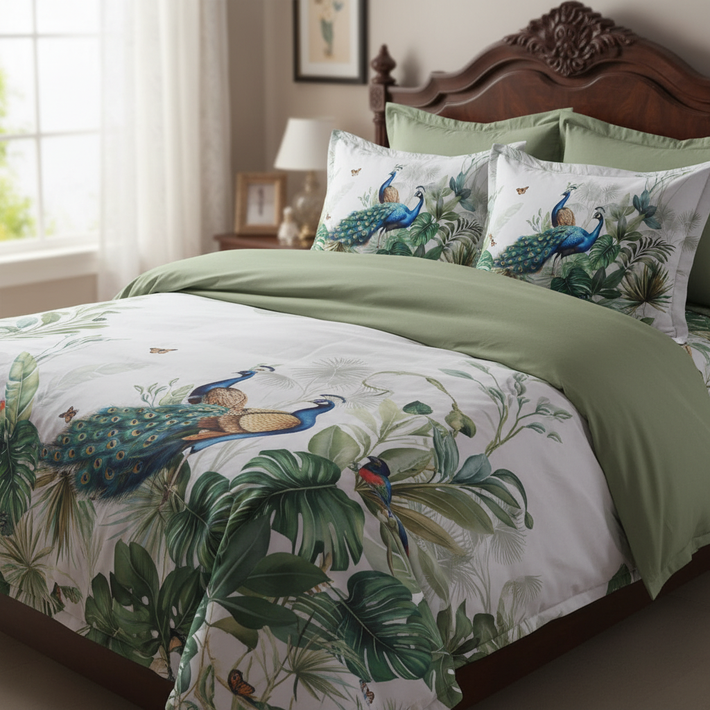 King Size 7D Digital Print Peacock Bedsheet Set with 2 Pillow Covers - Premium 108x108 inch