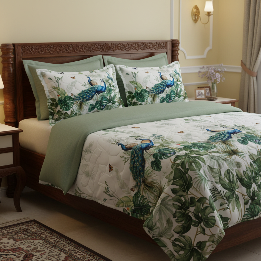 King Size 7D Digital Print Peacock Bedsheet Set with 2 Pillow Covers - Premium 108x108 inch