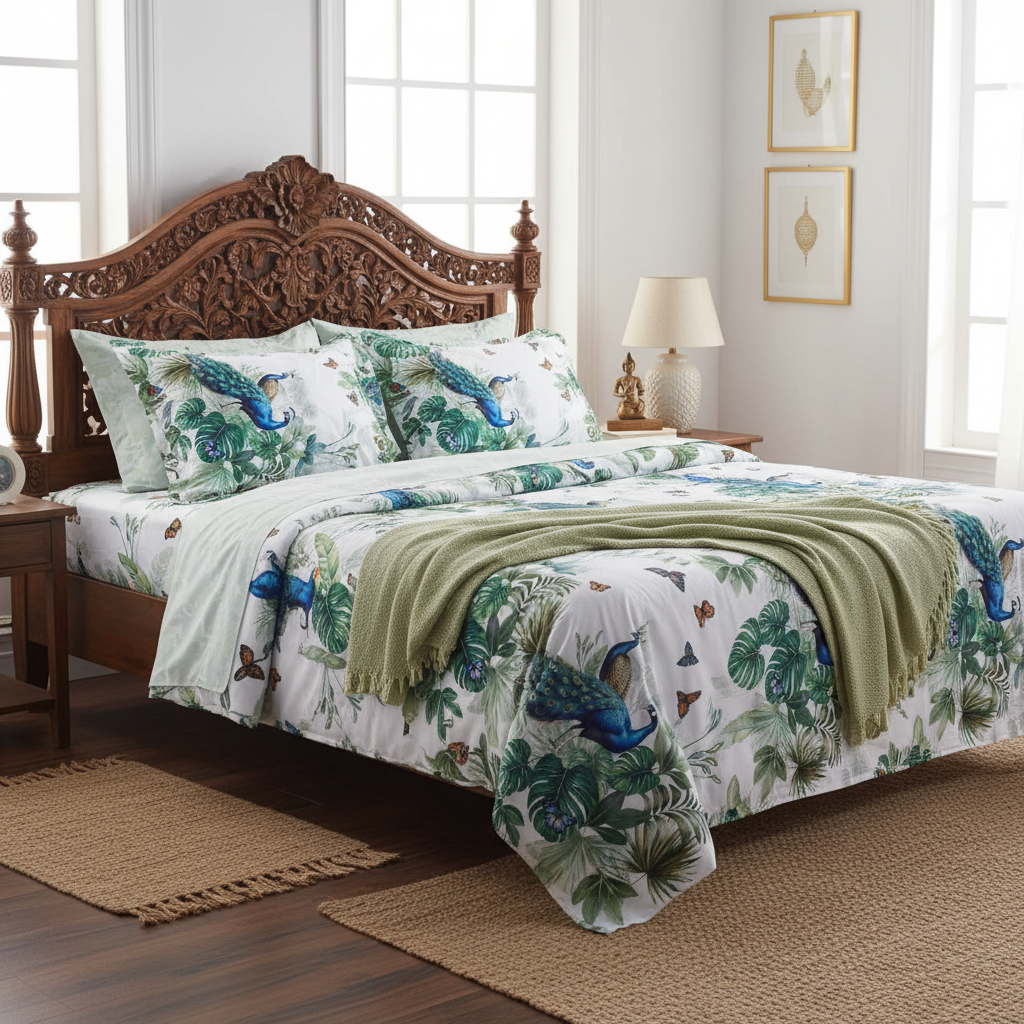 King Size 7D Digital Print Peacock Bedsheet Set with 2 Pillow Covers - Premium 108x108 inch