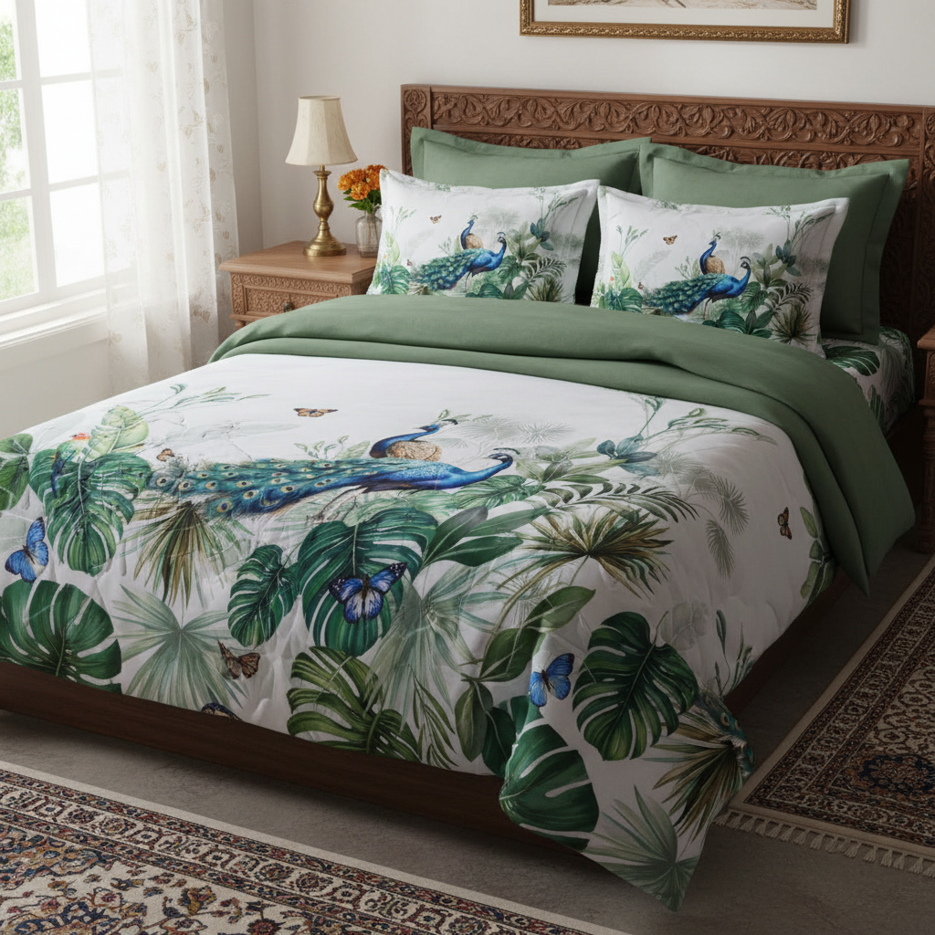 King Size 7D Digital Print Peacock Bedsheet Set with 2 Pillow Covers - Premium 108x108 inch