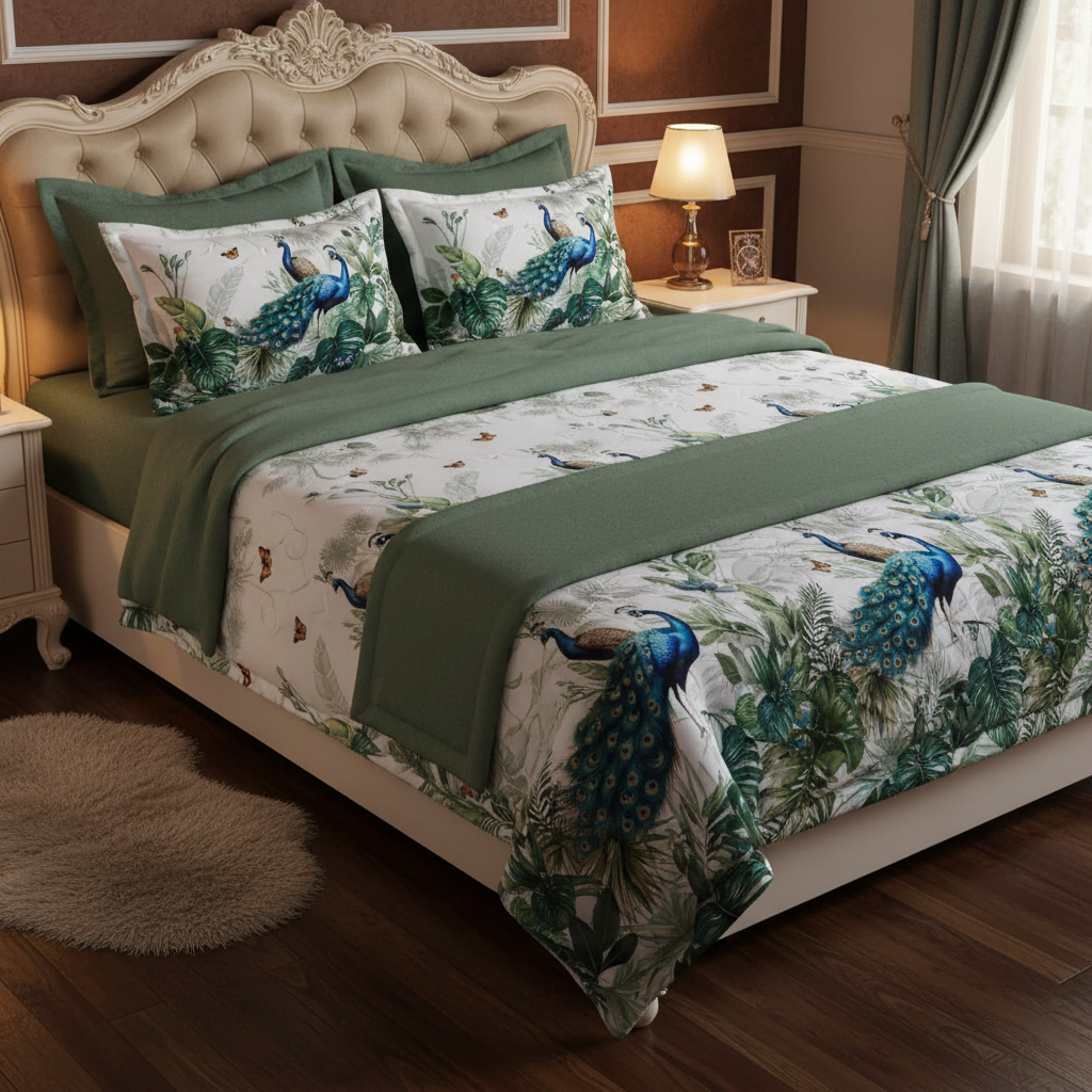 King Size 7D Digital Print Peacock Bedsheet Set with 2 Pillow Covers - Premium 108x108 inch