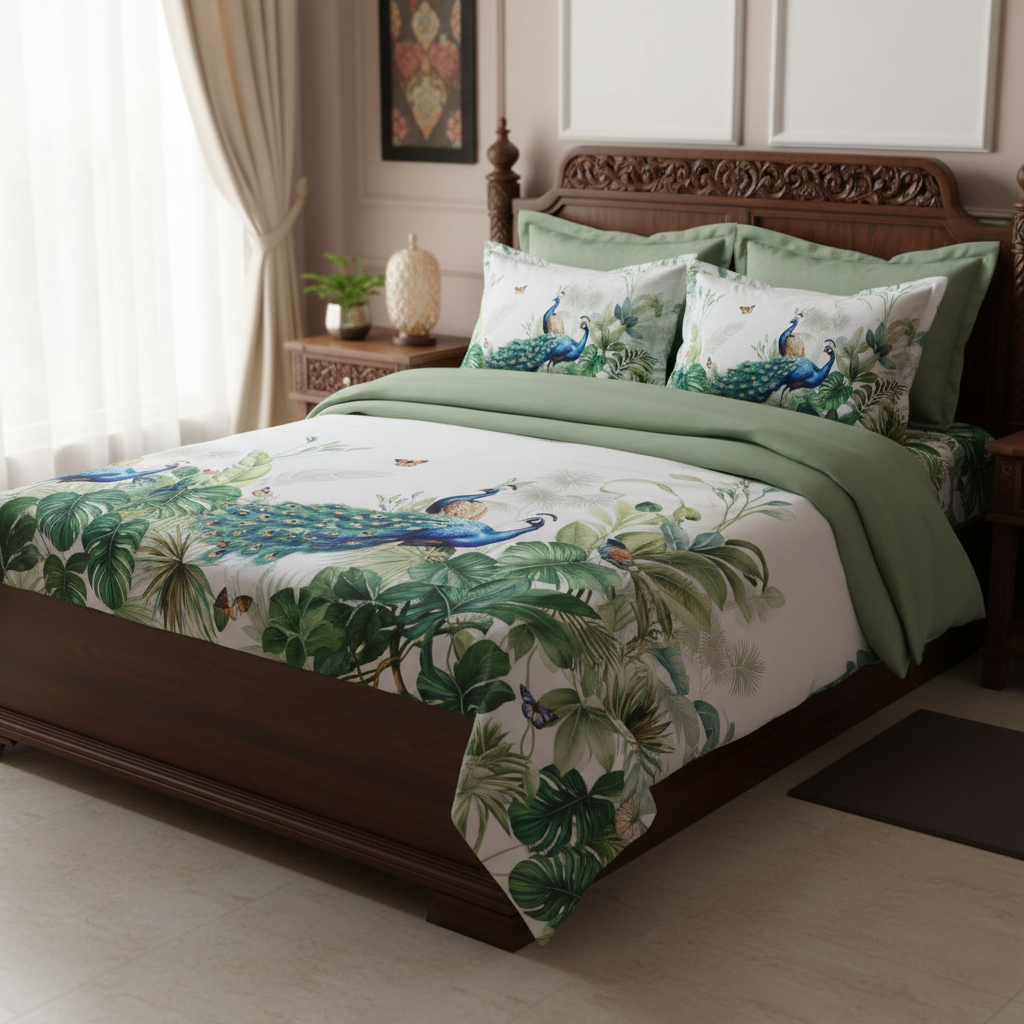 King Size 7D Digital Print Peacock Bedsheet Set with 2 Pillow Covers - Premium 108x108 inch