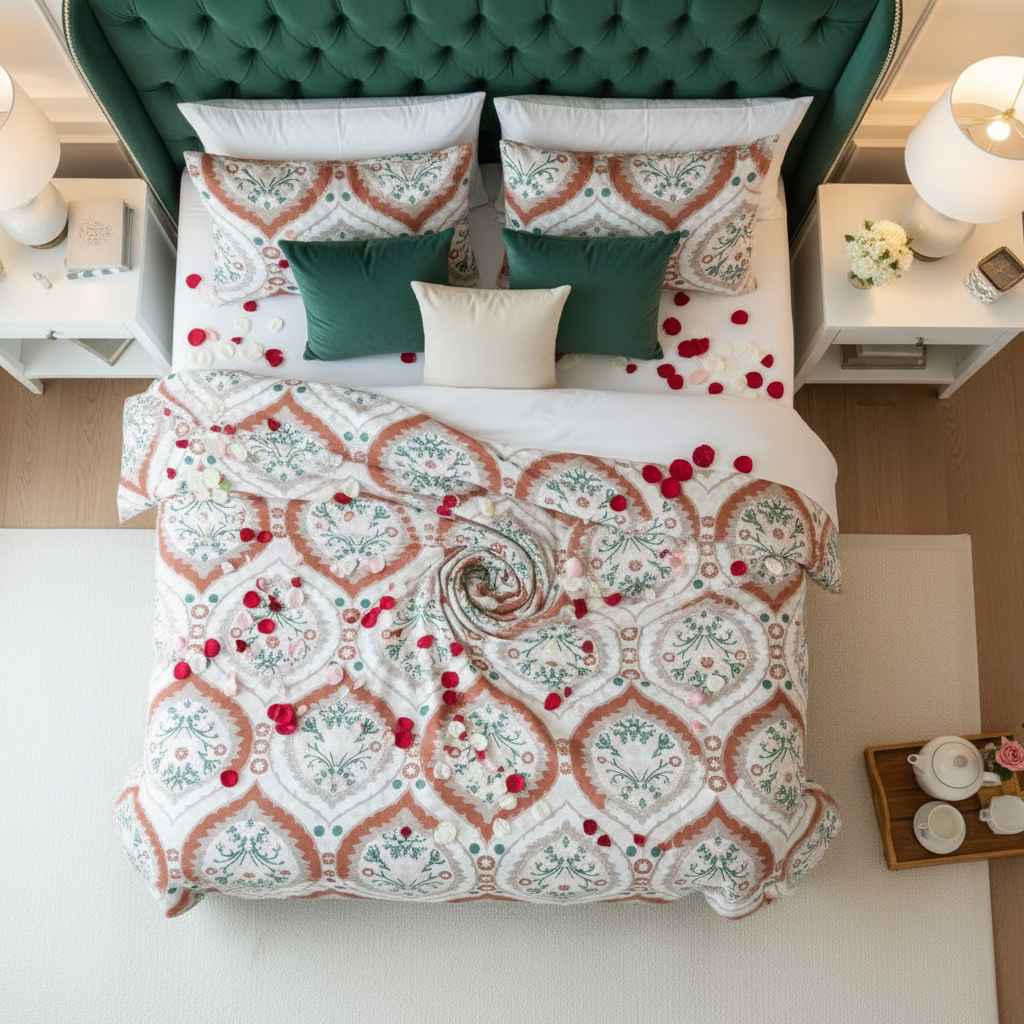 Ikat Floral Printed Bedsheet Set — Terracotta & Teal
