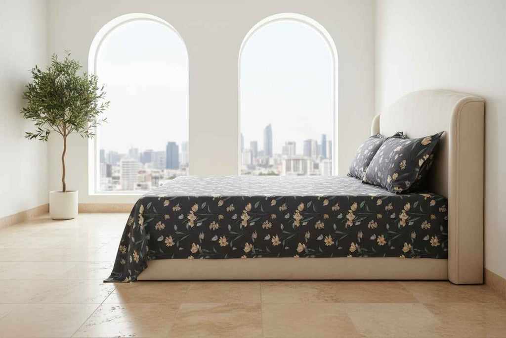 Botanical Bloom King Size Bedsheet – Dark Floral Embroidered