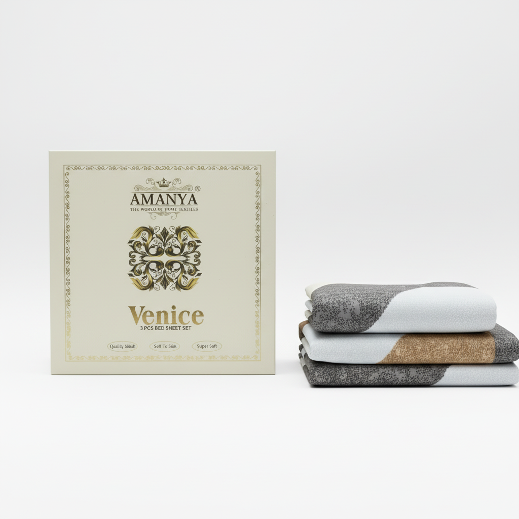 Geometric Bedsheet with Pillow Covers - Beige Brown Striped Pattern with Premium Packing