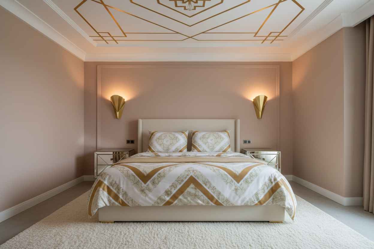 Double Bed Bedsheet – Gold Chevron Floral Print | White & Gold