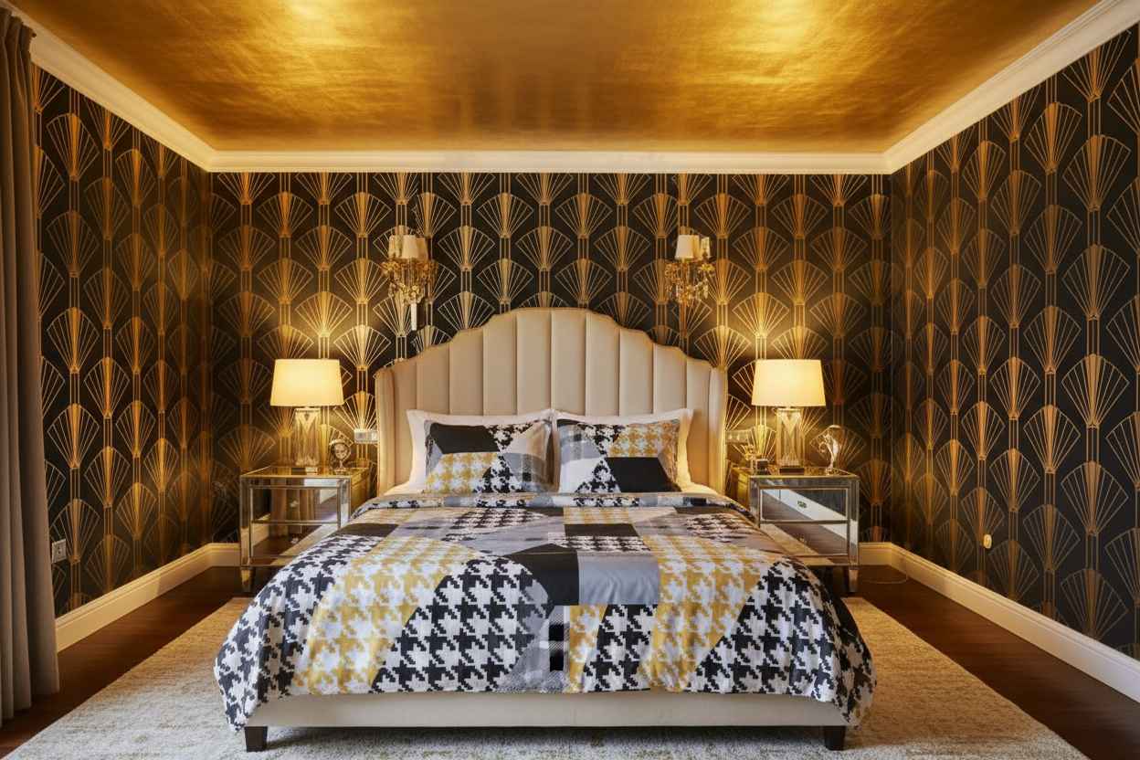 Double Bed Bedsheet – Houndstooth Patchwork | Black, White & Gold