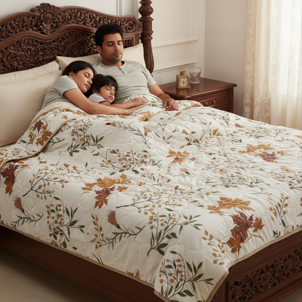 Summer Comforter Autumn Botanical Double Bed  | Maple Leaf Quilted Bedding