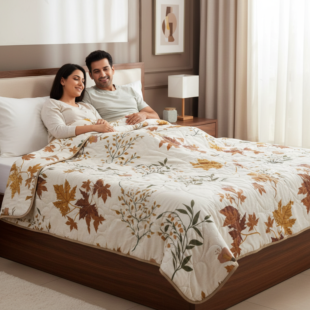 Summer Comforter Autumn Botanical Double Bed  | Maple Leaf Quilted Bedding