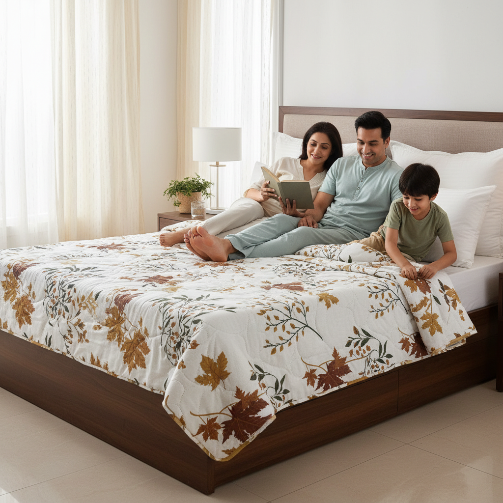 Summer Comforter Autumn Botanical Double Bed  | Maple Leaf Quilted Bedding