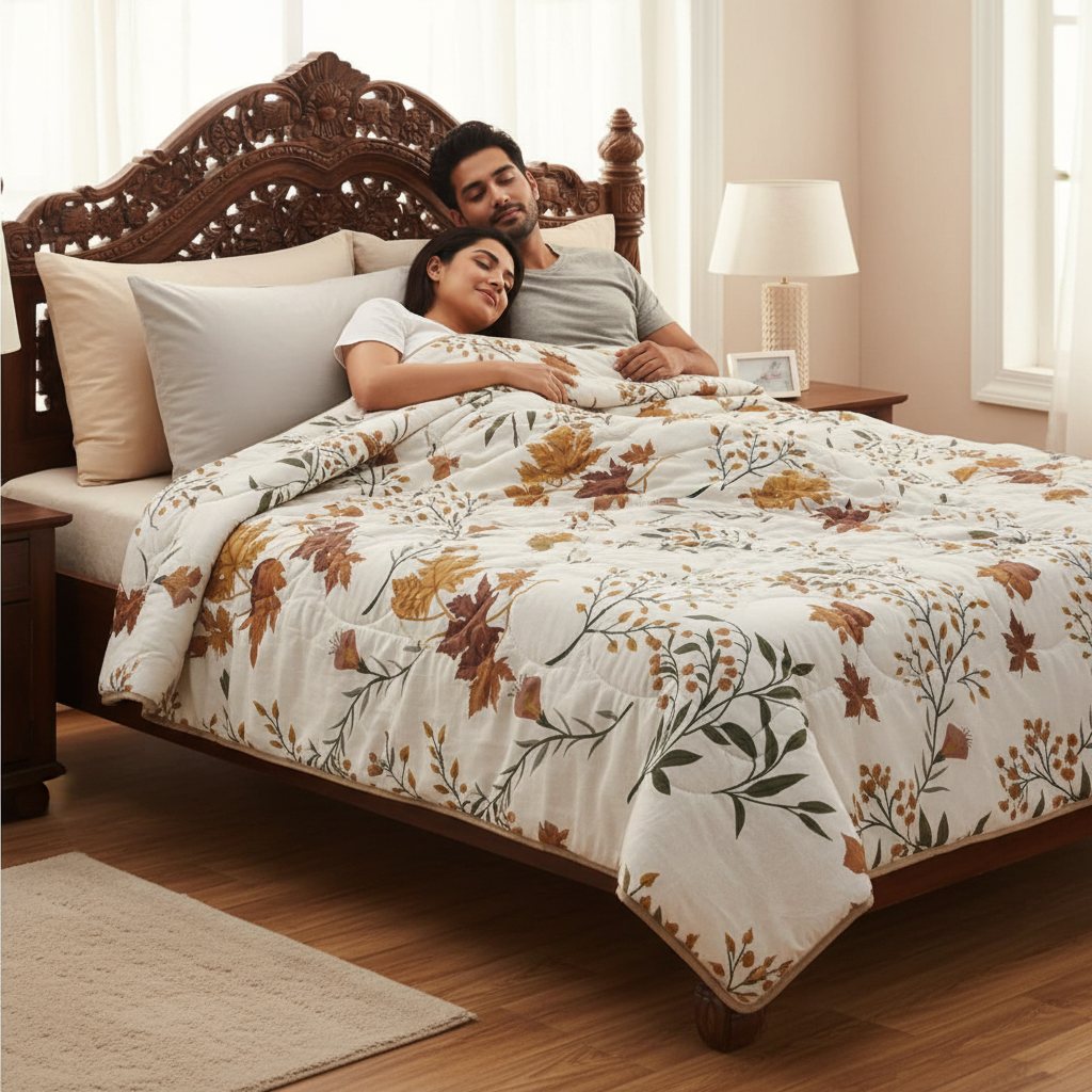 Summer Comforter Autumn Botanical Double Bed  | Maple Leaf Quilted Bedding