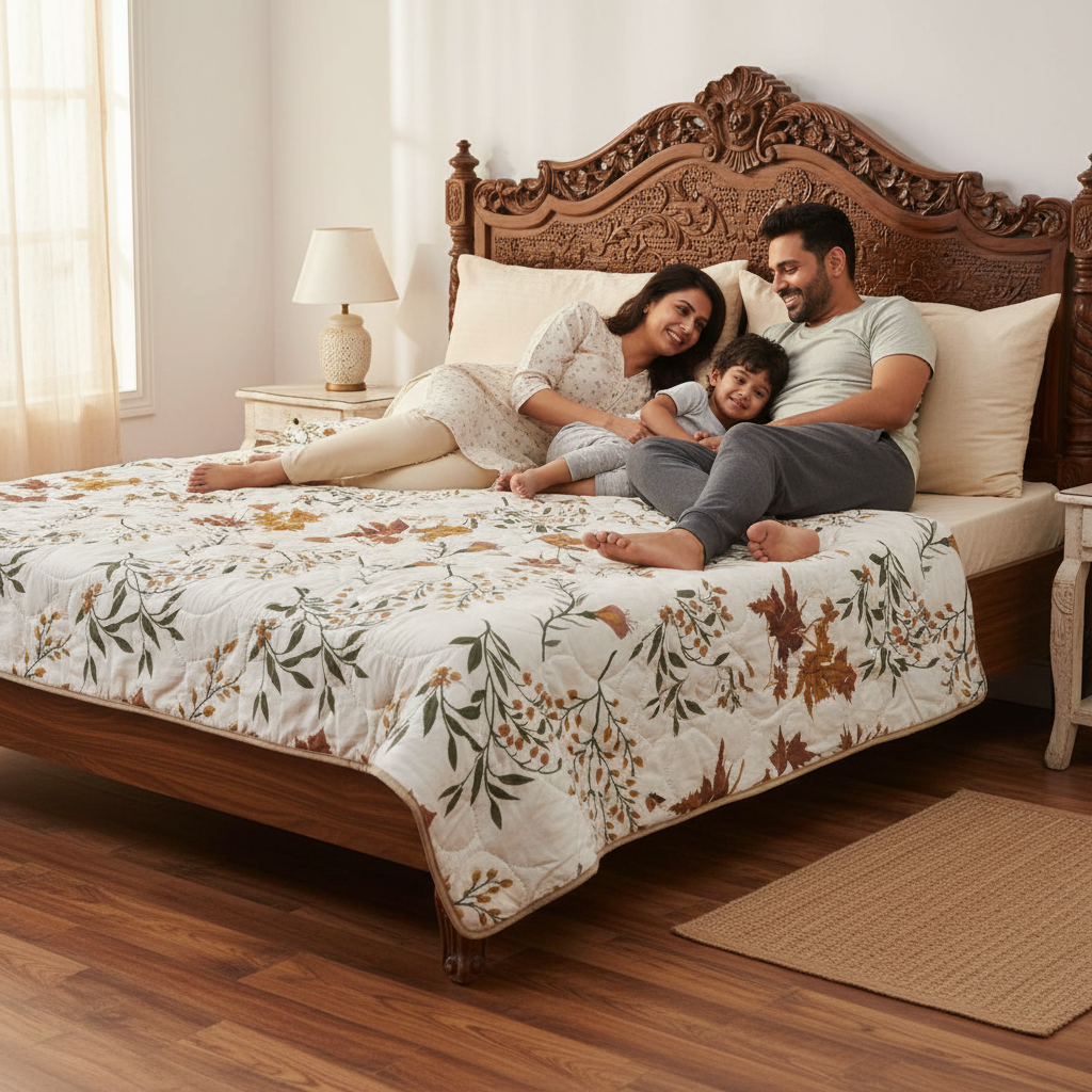 Summer Comforter Autumn Botanical Double Bed  | Maple Leaf Quilted Bedding