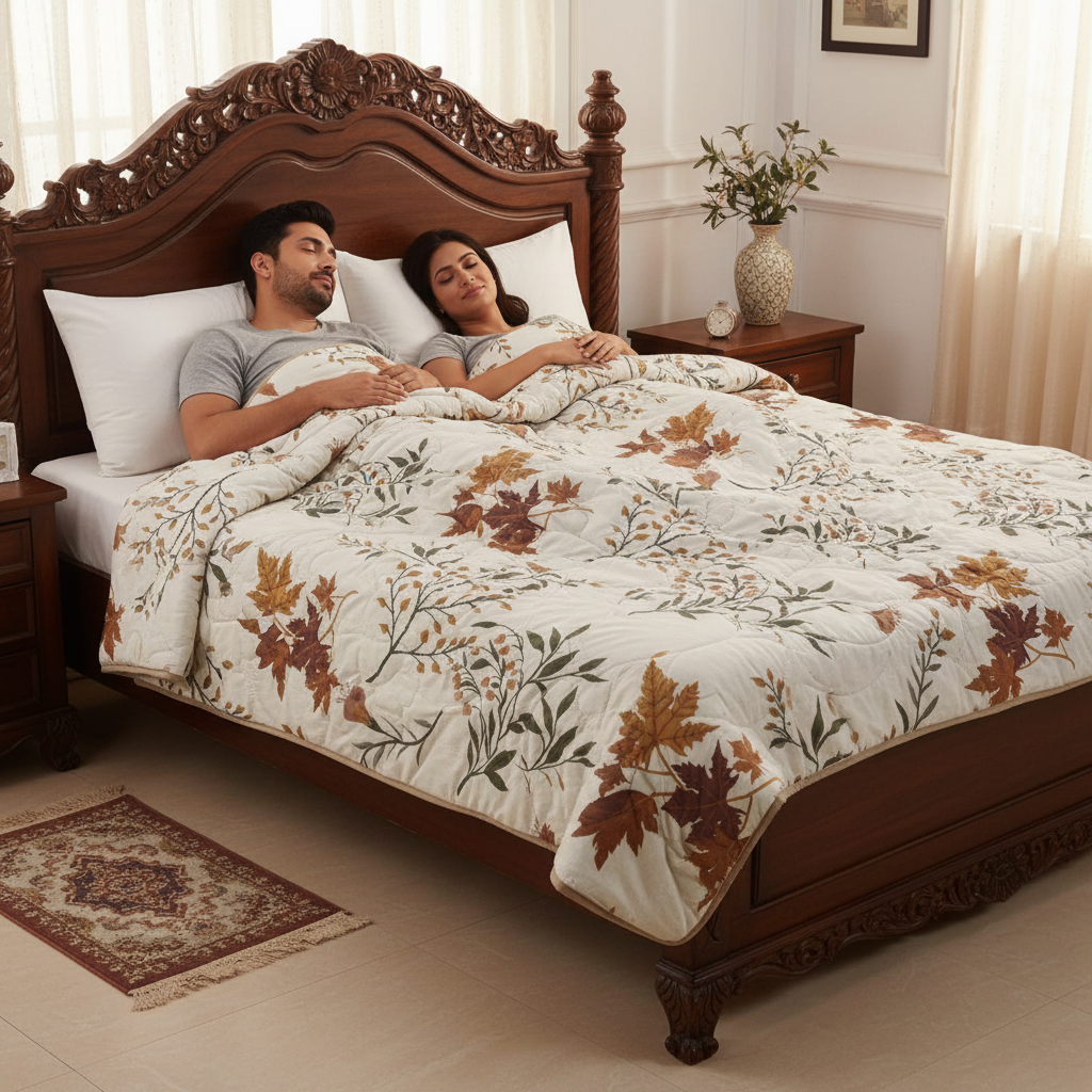 Summer Comforter Autumn Botanical Double Bed  | Maple Leaf Quilted Bedding