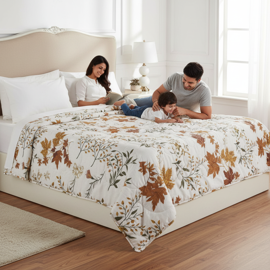 Summer Comforter Autumn Botanical Double Bed  | Maple Leaf Quilted Bedding