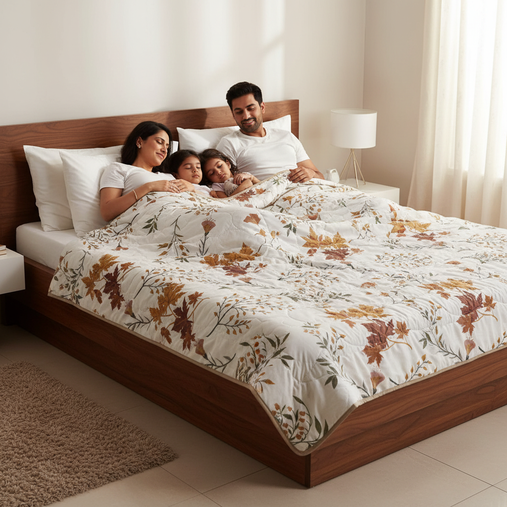 Summer Comforter Autumn Botanical Double Bed  | Maple Leaf Quilted Bedding