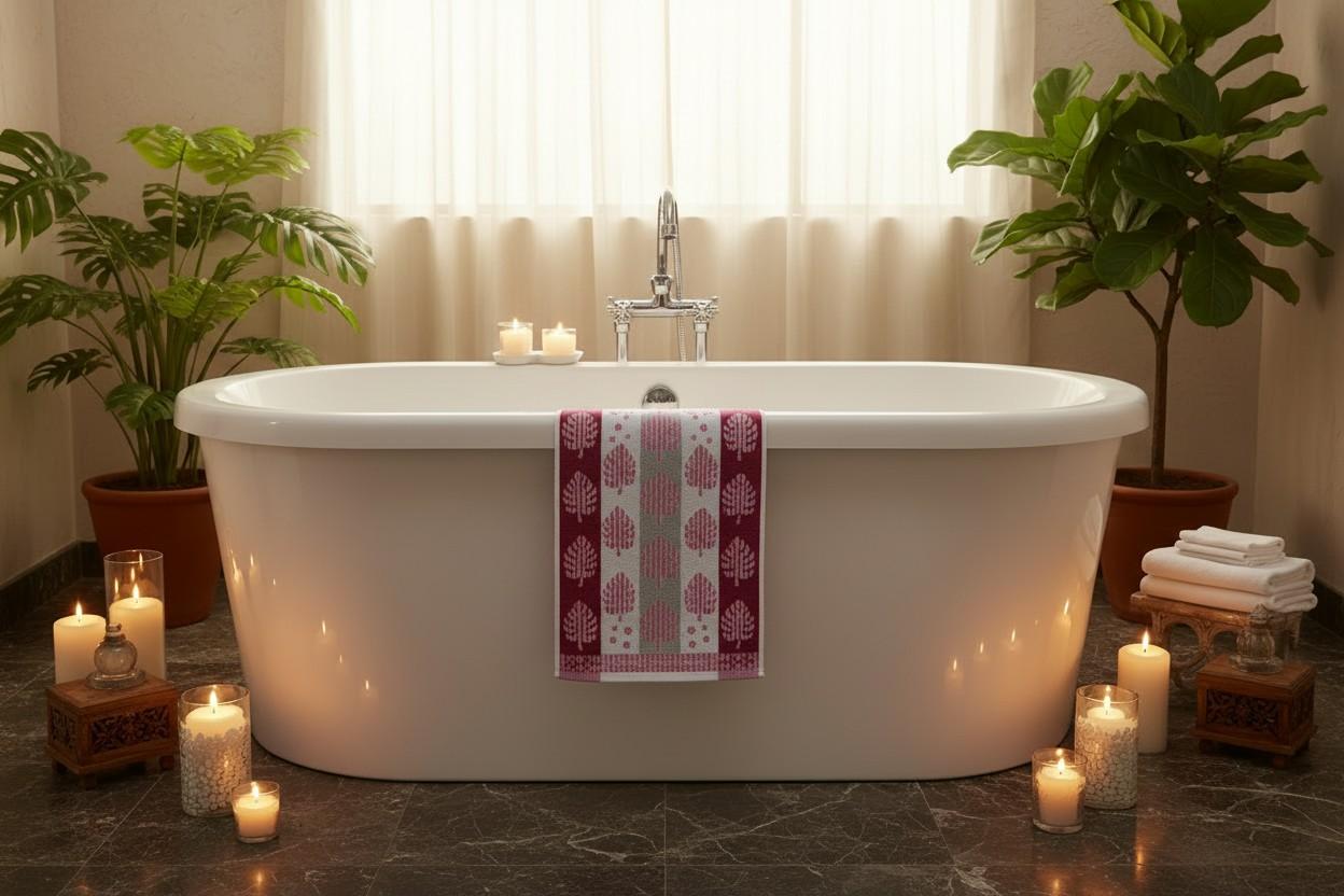 Hand Towel Block Print  – Burgundy & Pink Monstera Leaf | Set of 3