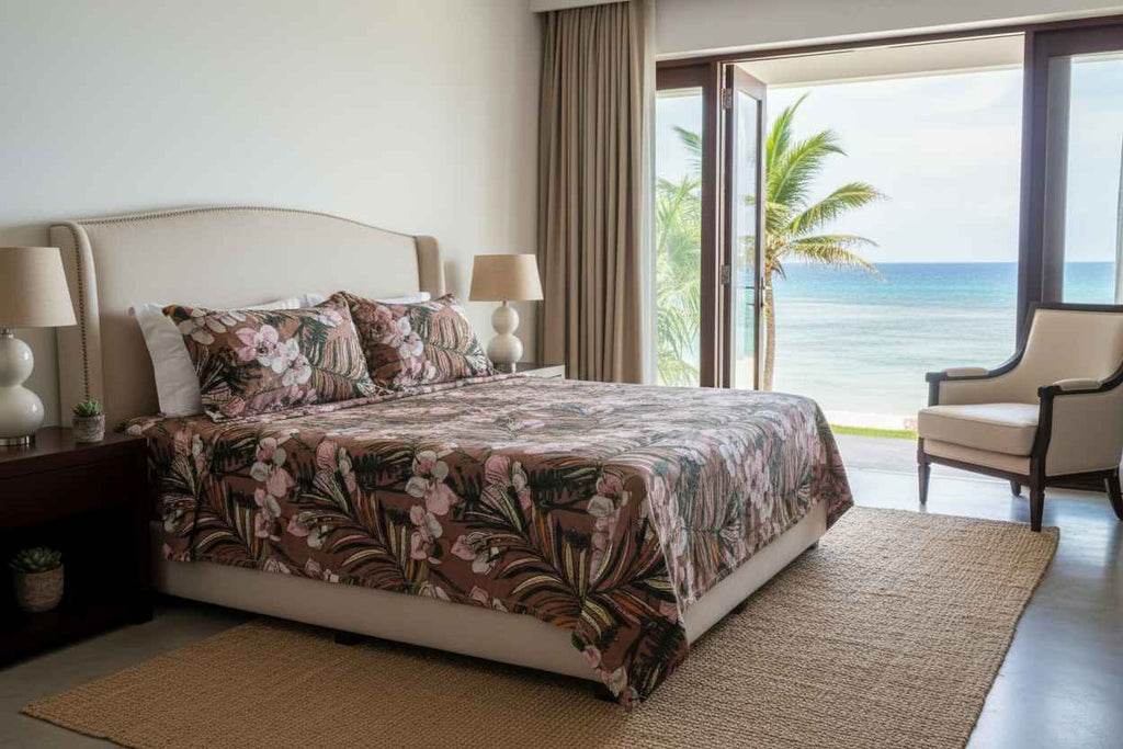 Tropical Orchid Floral Bedsheet Set — Chocolate Brown & Blush