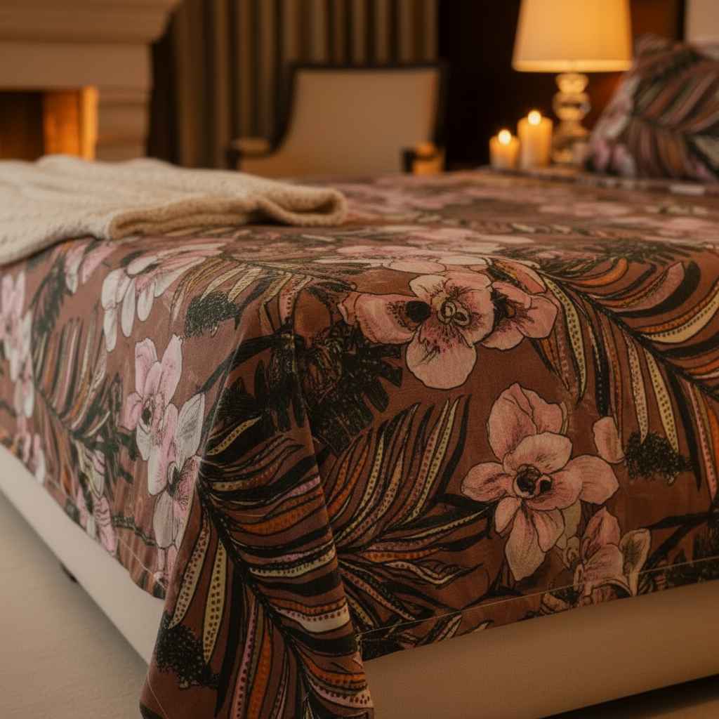 Tropical Orchid Floral Bedsheet Set — Chocolate Brown & Blush