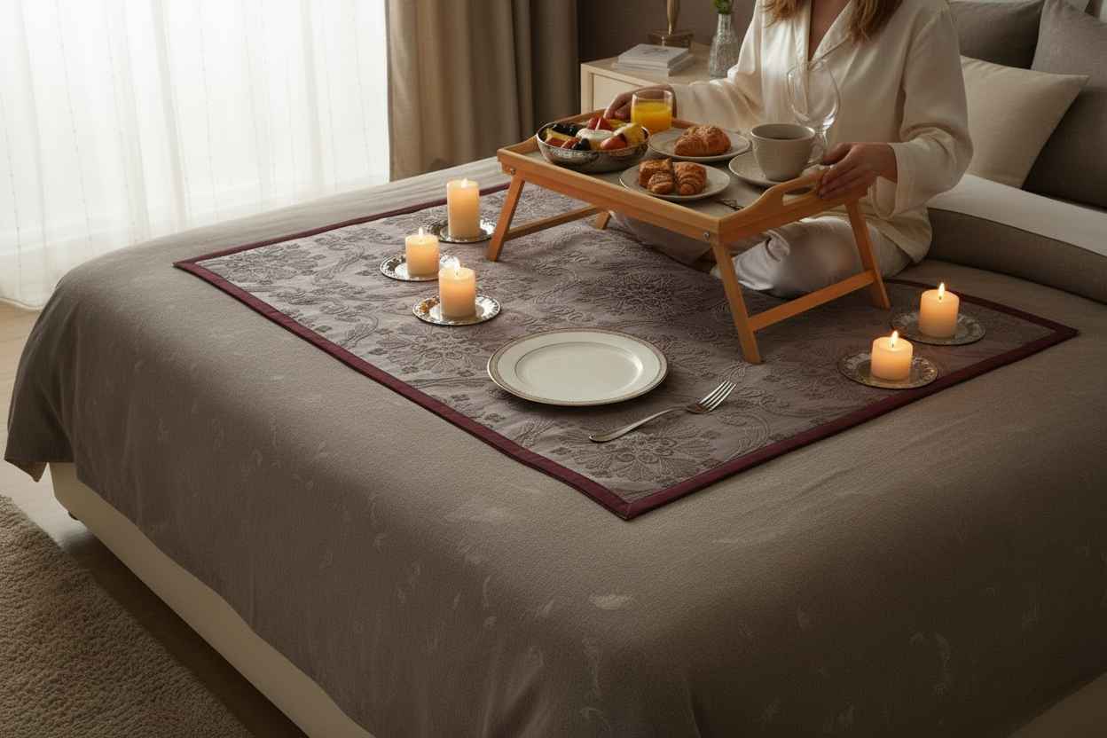 Jacquard Bed Server Mat | Premium Damask Weave with Maroon Border