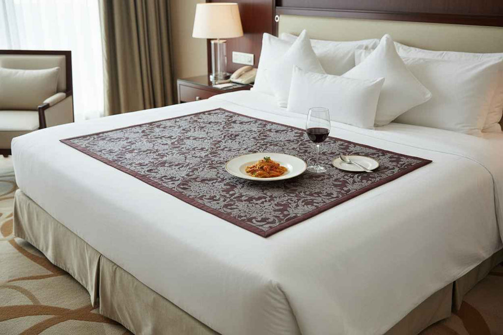 Jacquard Bed Server Mat | Premium Damask Weave with Maroon Border