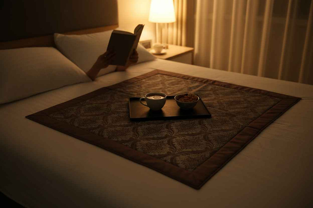 Jacquard Bed Server Mat | Premium Damask Weave with Maroon Border