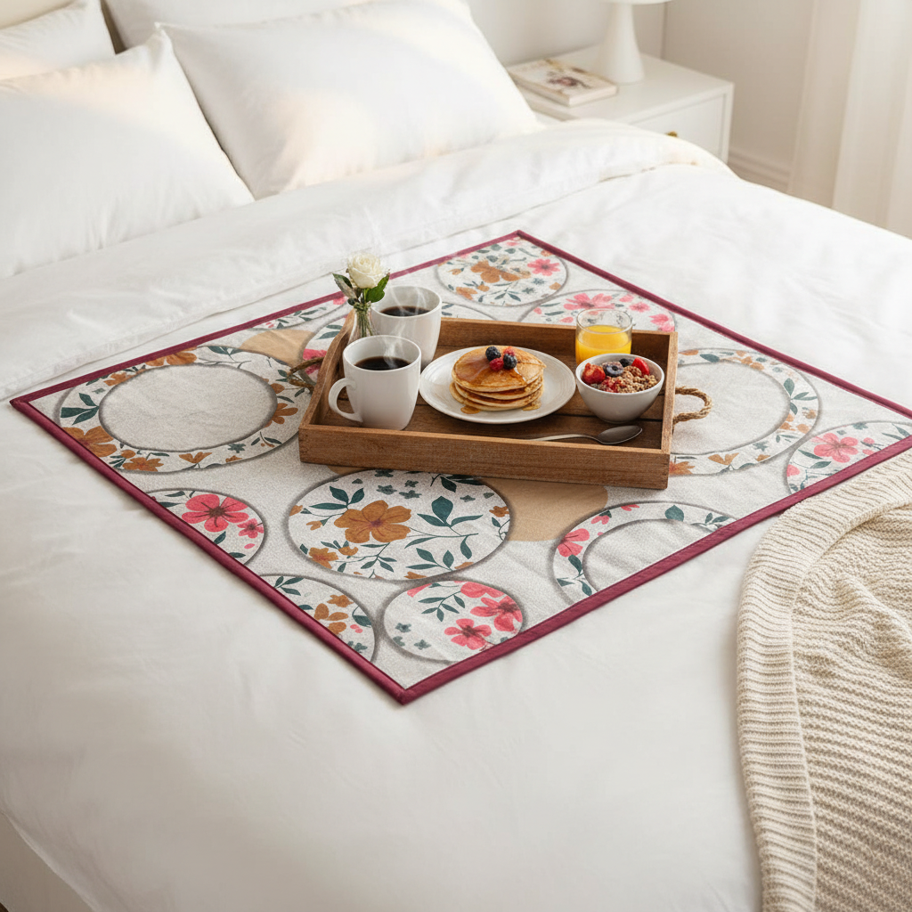 Floral Circle Print Bed Server Mat | Cotton Linen | Maroon Border