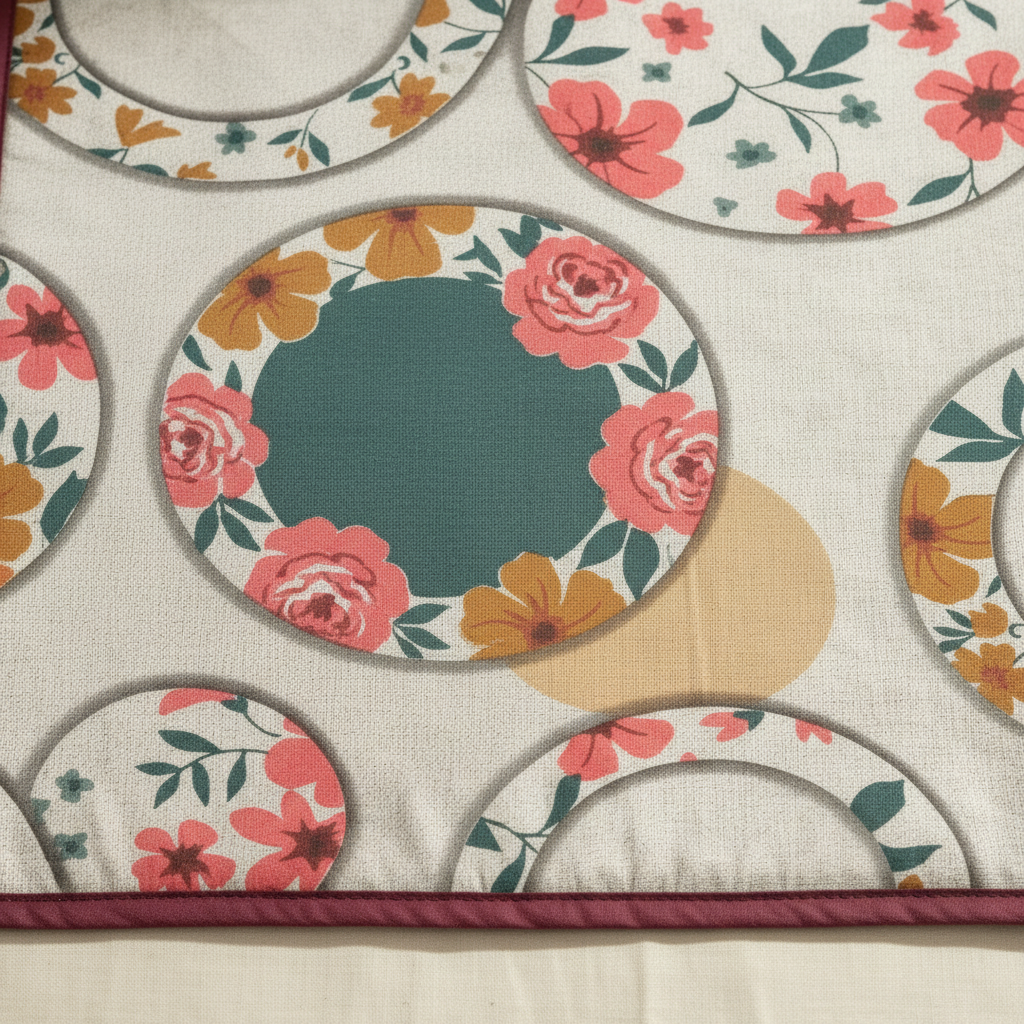 Floral Circle Print Bed Server Mat | Cotton Linen | Maroon Border