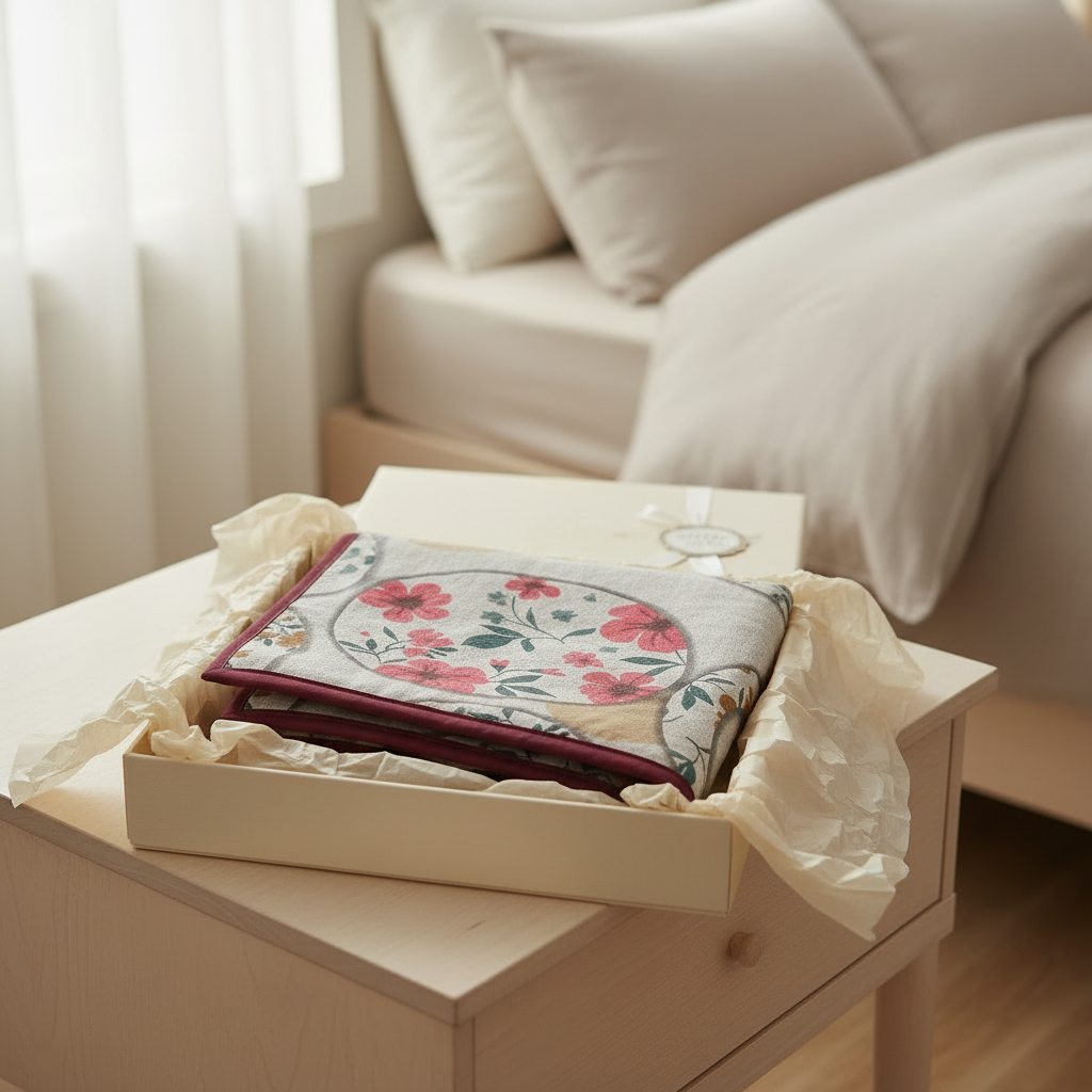Floral Circle Print Bed Server Mat | Cotton Linen | Maroon Border