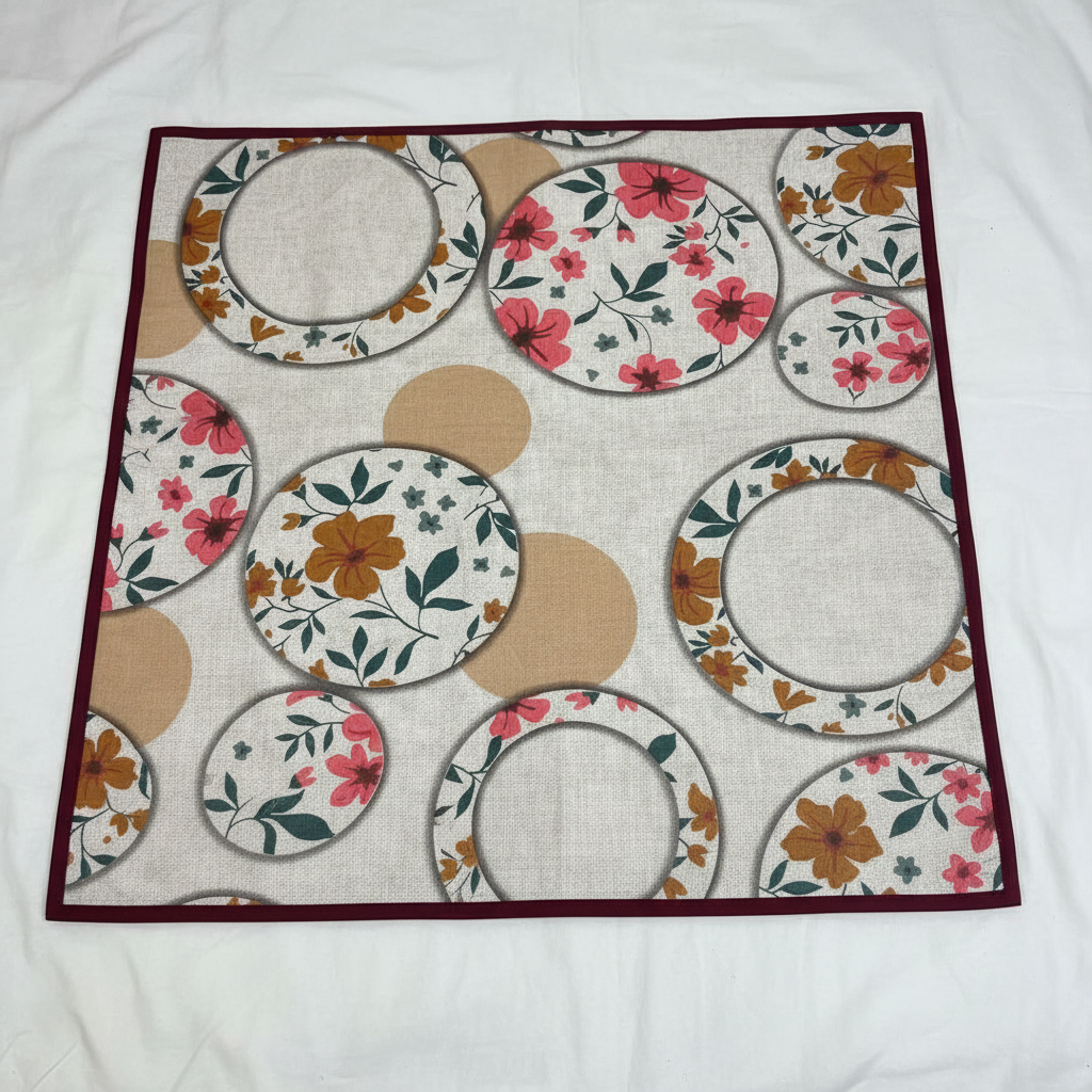Floral Circle Print Bed Server Mat | Cotton Linen | Maroon Border