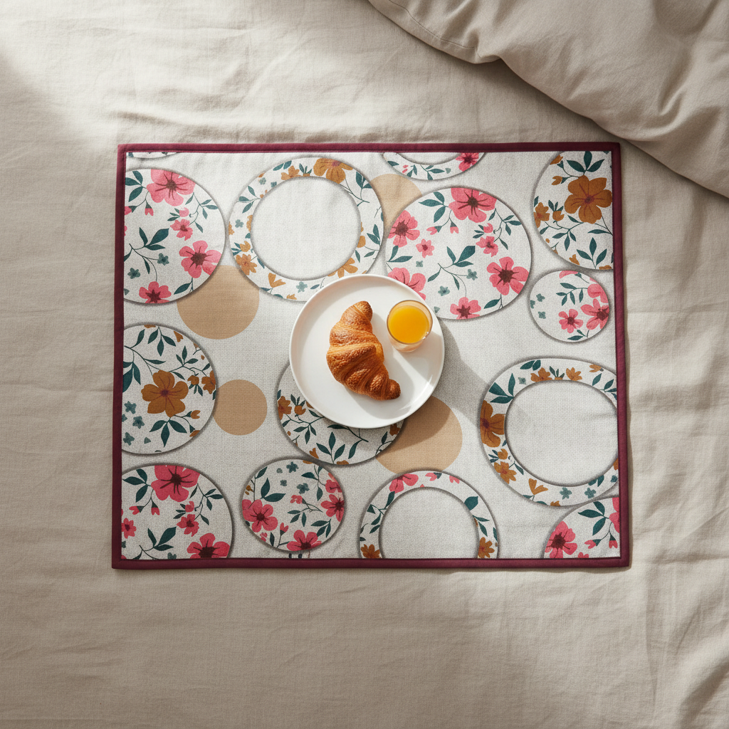 Floral Circle Print Bed Server Mat | Cotton Linen | Maroon Border