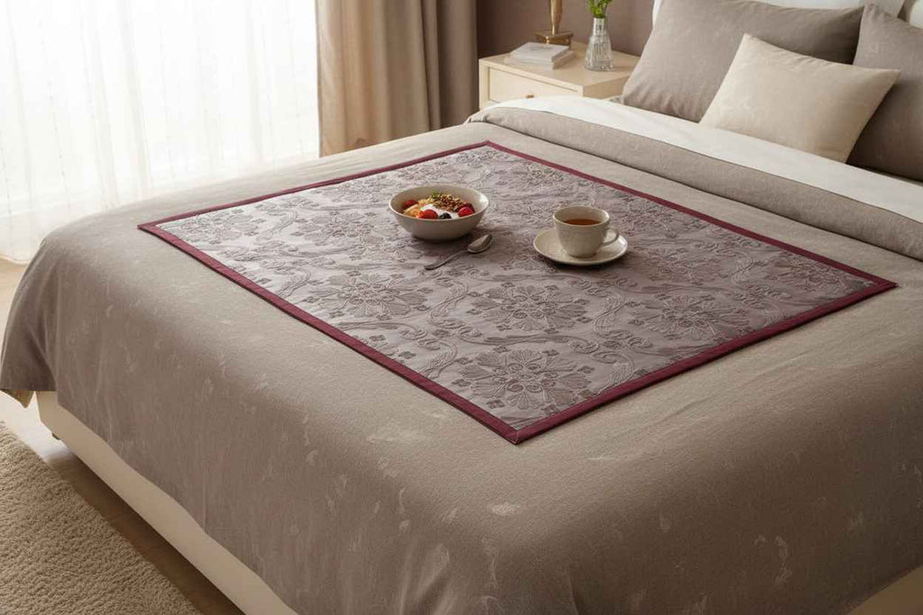 Jacquard Bed Server Mat | Premium Damask Weave with Maroon Border
