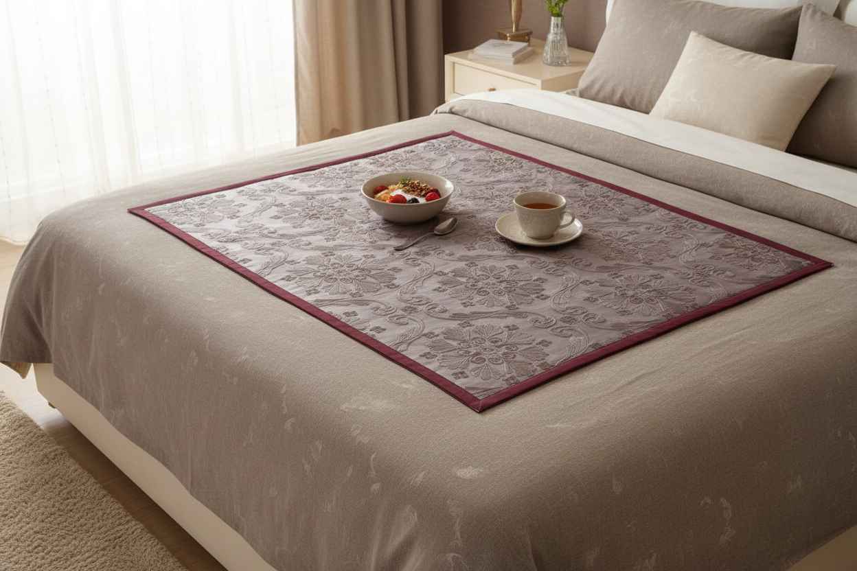 Jacquard Bed Server Mat | Premium Damask Weave with Maroon Border