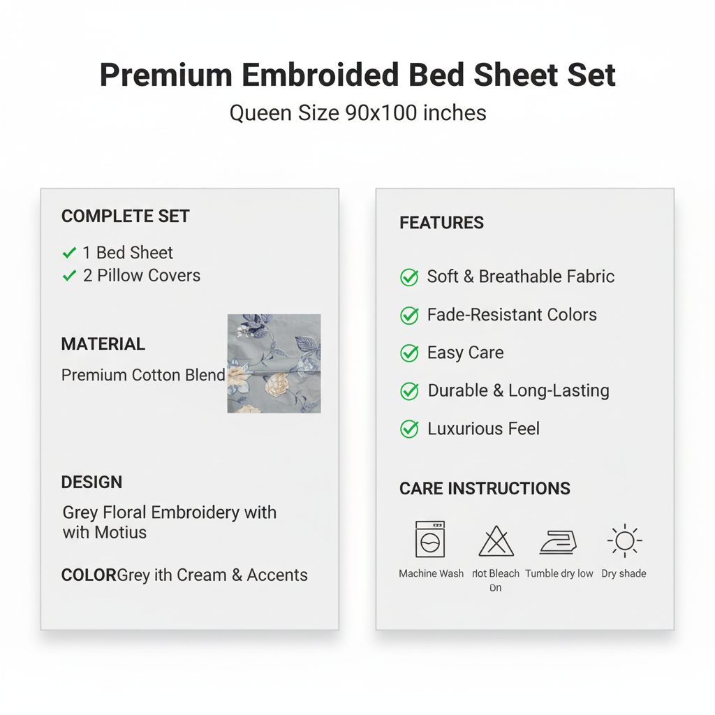 Premium Floral Bed Sheet Set - Grey with Cream Blue Bird & Flower Design with Pillow Covers - Queen Size