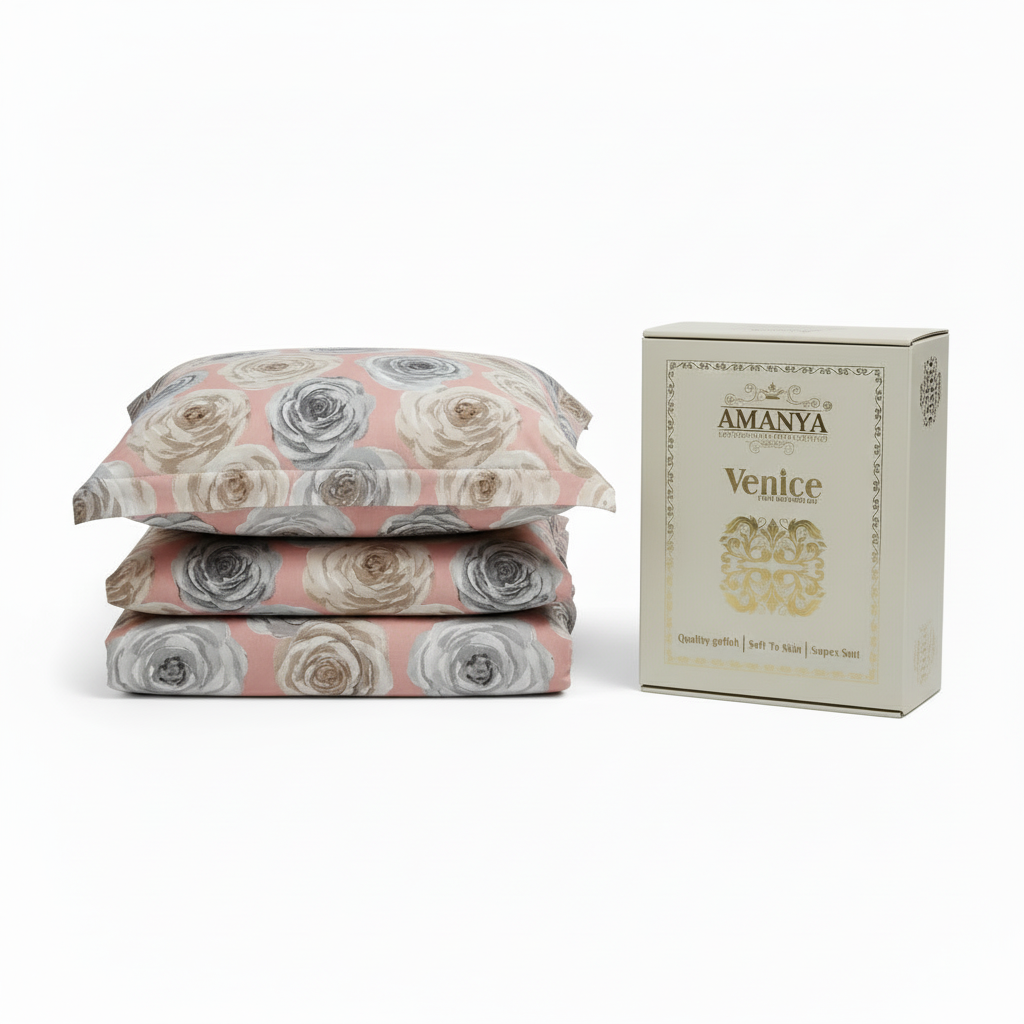 Premium Bedsheet Set with Pillow Covers - Grey & Beige Rose Pattern with Premium Packing